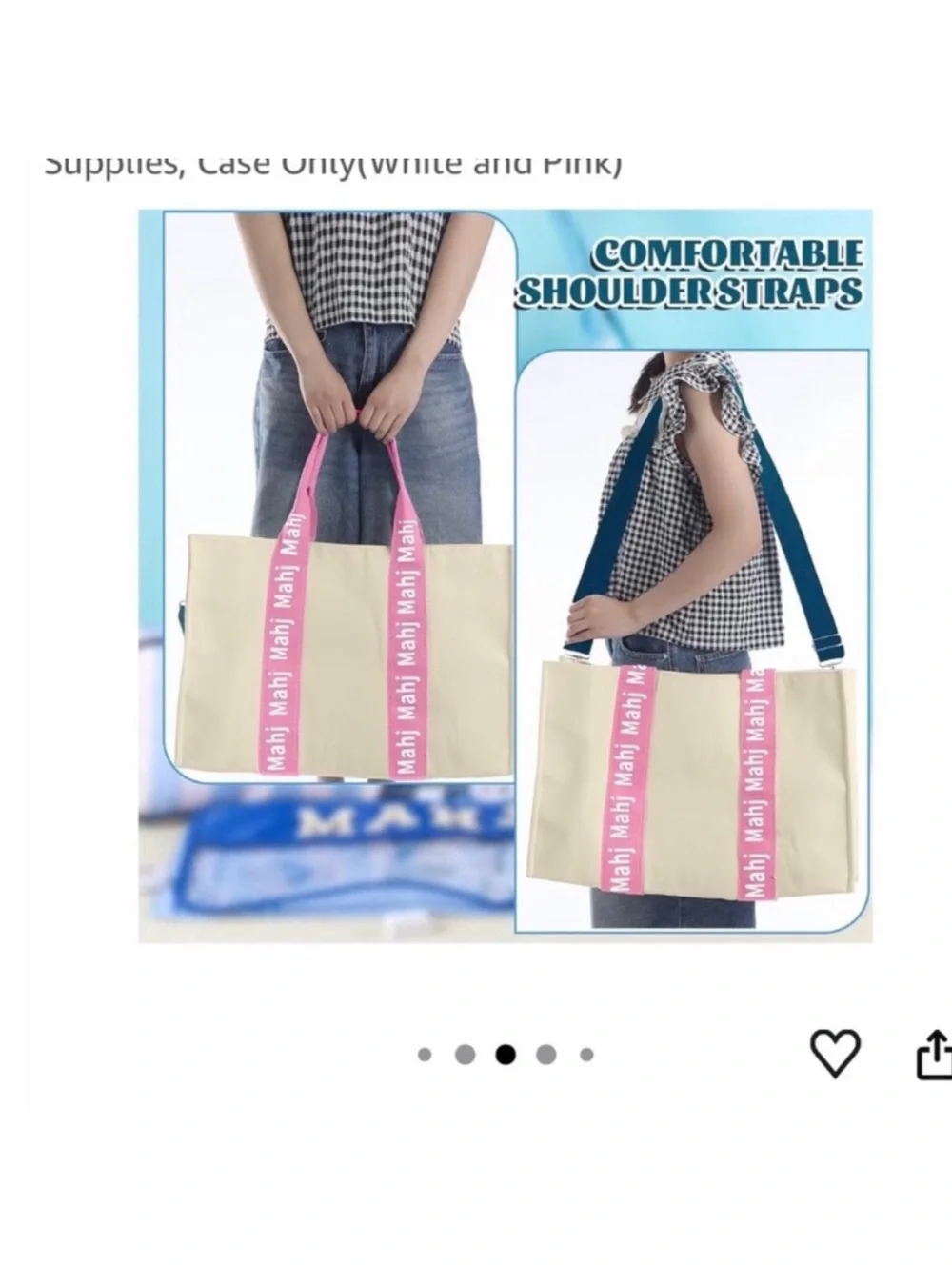 Canvas Mahjong Carrying Tote Bag with Pink Handles and Teal Strap